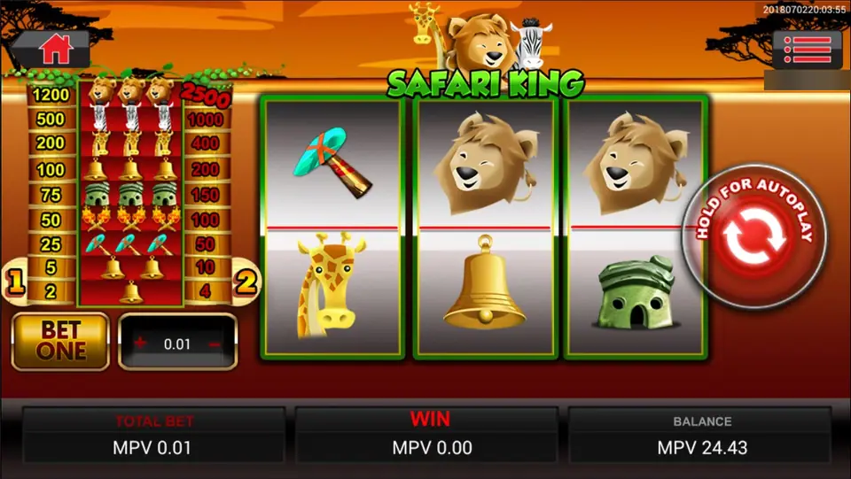 Safari King three-reel machine with a pay table from 1200 to 2 on the left, a lion, giraffe, bell, hut and axe on the reels