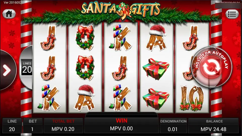 Santa Gifts reels with wooden J, Q, K, A and 10 symbols, wreaths and green gift boxes between candy-cane pillars, 20 lines