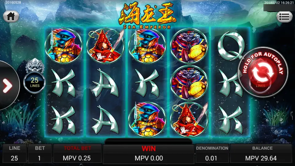 Sea Emperor reels with sea warrior portraits and silver A, K, Q symbols, 25 lines at 0.01
