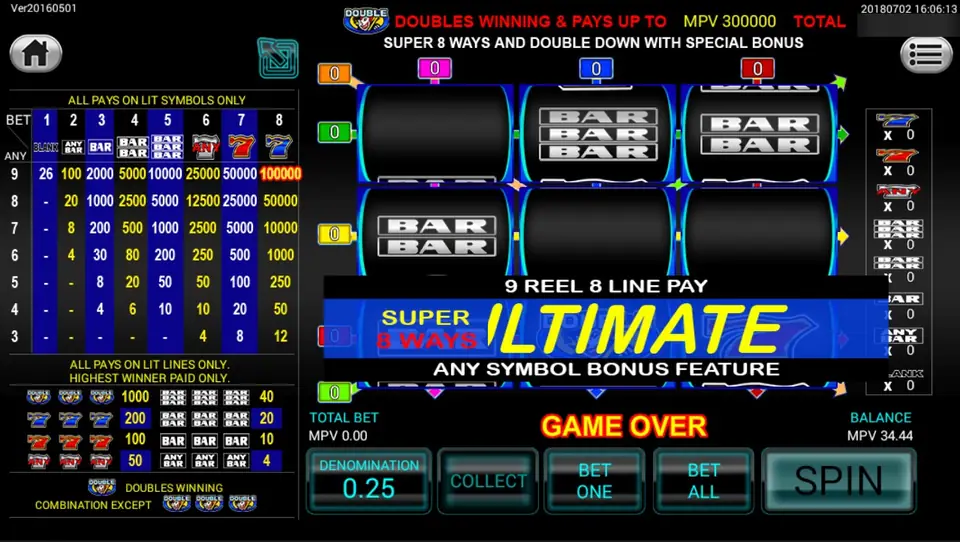 Super 8 Ways Ultimate with nine reels showing bars, a pay table by lines bet on the left and Collect, Bet One, Bet All and Spin buttons